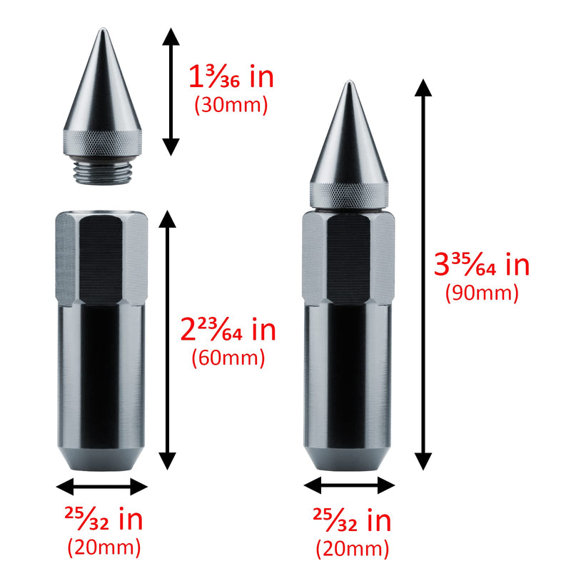 Gunmetal 20 PCS M12x1.25 Lug Nuts Spiked 60mm Extended Tuner Aluminum Wheels Rims Cap WN03 GUNMETAL