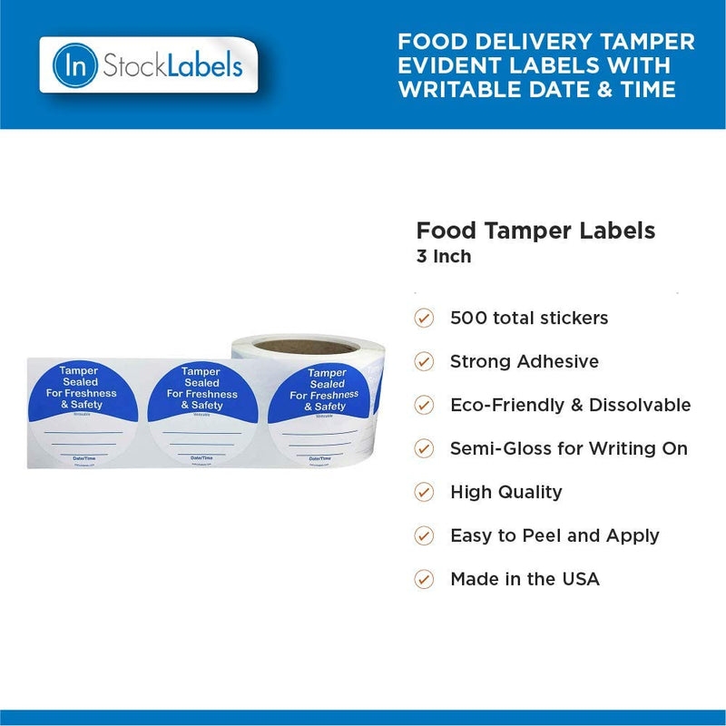 InStockLabels 500 Blue/White Circle Tamper-Evident Food Seal Stickers with Date and Time Section, Labels for Food Containers (3 Inches)