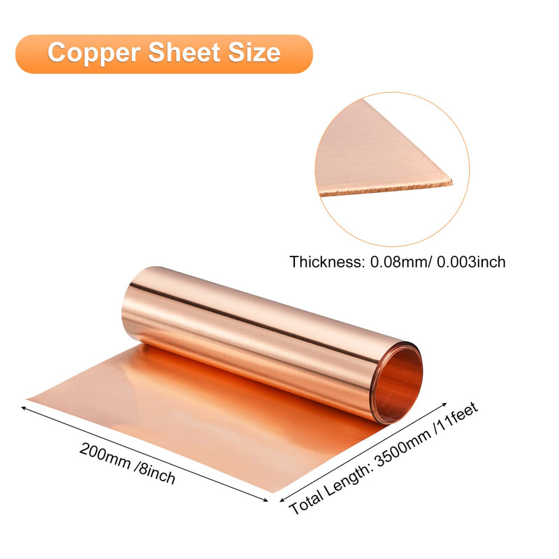 uxcell Copper Flashing Sheet Roll 3500mm x 200mm x 0.08mm, 99.9% Pure Copper Strip 8" x 11.5ft 20 Gauge Metal Foil Plate for Electricity DIY Projects