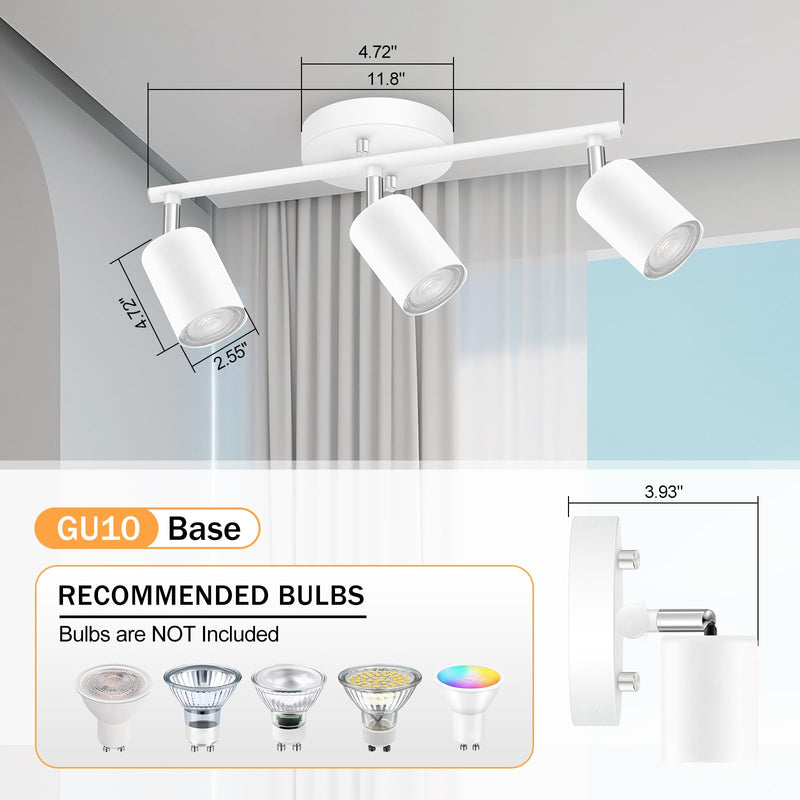 BoostArea LED 3 Light Track Lighting Kit, White 3 Way Ceiling Spot Lighting, Flexibly Rotatable Light Head for Kitchen, Living Room, Bedroom, GU10 Bulb Not Included 3 Light-white