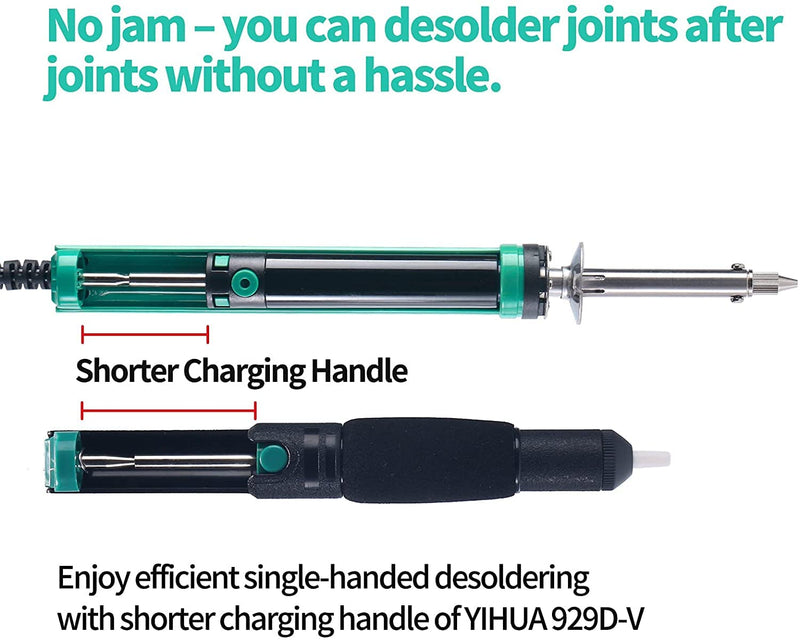 YIHUA 929D-V Electric Vacuum Desoldering Iron Soldering Iron Sucker Desoldering Pump with Shorter Charging Handle and Desoldering Nozzles 1.0mm 1.2mm for Through Hole Soldering (EU PLUG)