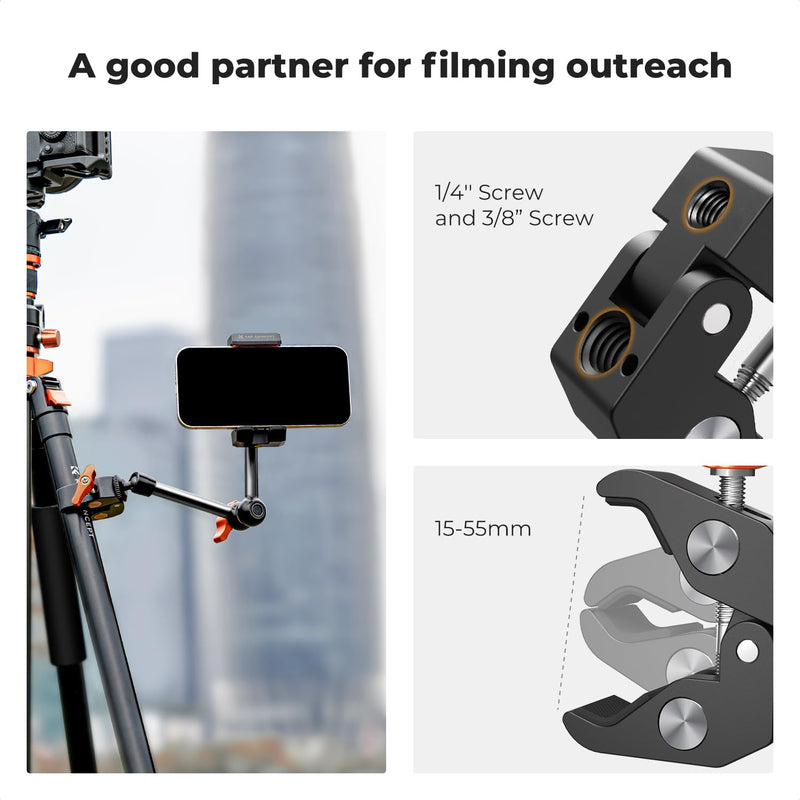 K&F CONCEPT 9.8" Magic Arm Clamp Kit with 1/4" & 3/8" Thread Screw 360° Ball Heads Articulating Magic Arm Camera Mount for DSLRs, Monitor, Flash, LED Light, Microphone, Camera Cage, Action Camera 9.8" with Clamp