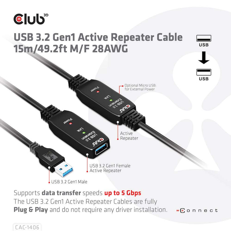 Club 3D CAC-1406 USB 3.2 Gen1 Active Repeater Cable 15m / 49.2ft M/F 28AWG