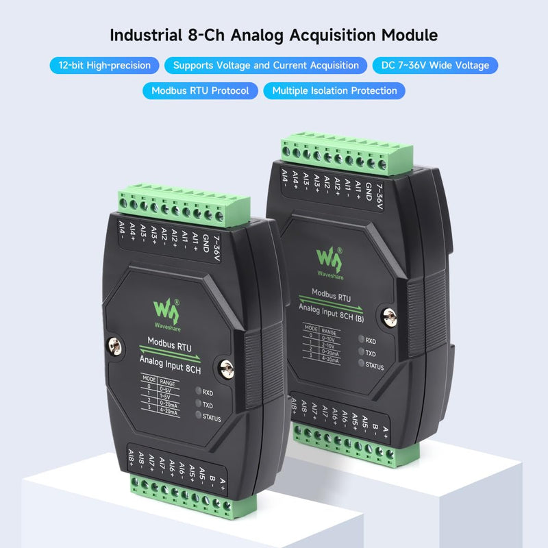 Waveshare Industrial 8-Ch Analog Acquisition Module, 12-Bit High-Precision, Supports Voltage and Current Acquisition, DC 7~36V Wide Voltage Power Supply, 8-ch Voltage Mode, 0~10V