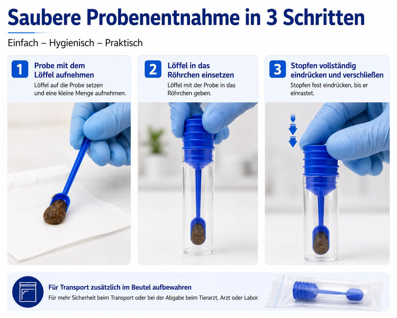 Stool sample tubes with spoon, 20 ml, for dogs, cats, and humans, non-sterile, crystal clear, Made in Germany (5 pieces) 5
