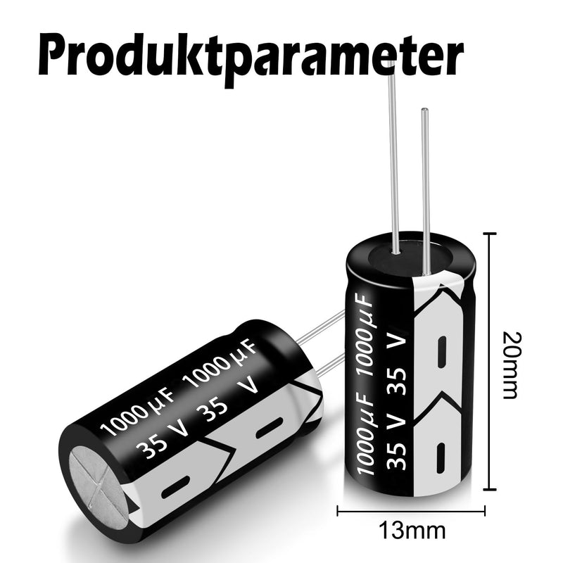 35V 1000µF 50/60HZ Aluminium Electrolytic Capacitors, 13 x 20 mm, Capacitors 1000uF 35V, Suitable for a Wide Range of Electronic Applications, Household Appliances and Switching Power Supplies (Pack 1000µF 35V