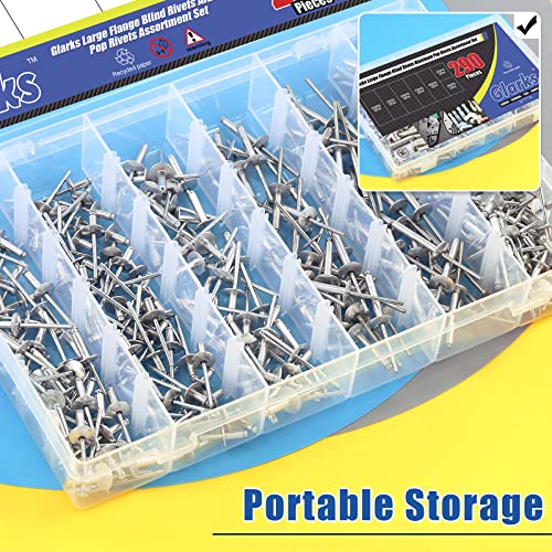Glarks 290Pcs 5/32" x 5/16" / 3/8" / 1/2" / 5/8"/ 13/16" / 1" / 1-3/16" Large Flange Aluminum Blind Rivets Pop Rivets Assortment Set for Joining Metal Plate Pipe Automotive