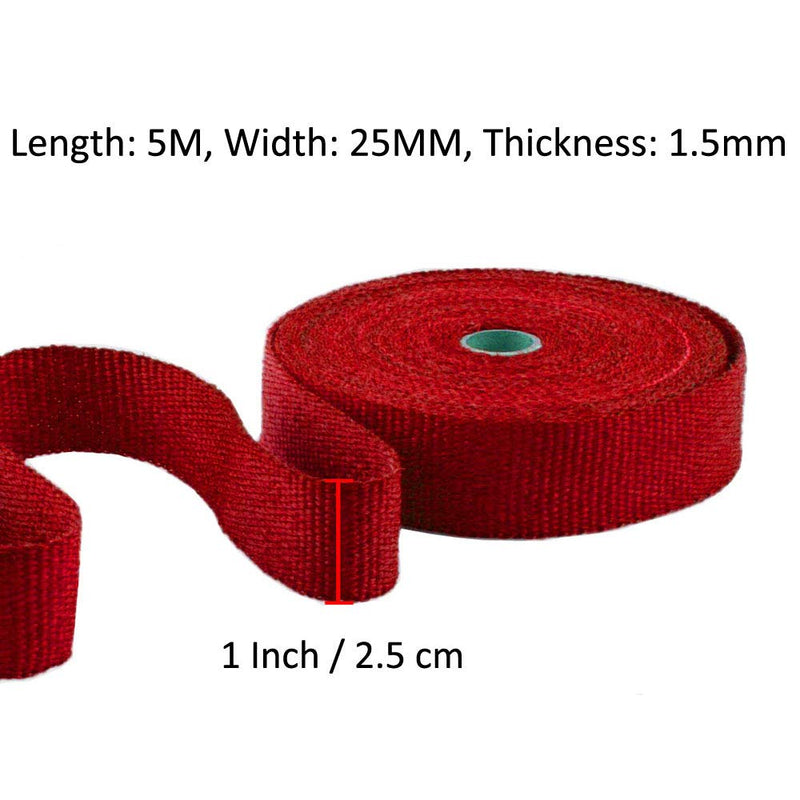 ESUPPORT 2.5CM X 5M Fiberglass Roll Red Racing Exhaust Heat Header Pipe Wrap Heat Shield Sleeve Protection 6 Stainless Steel Ties Car Motorcycle 1" X 16'