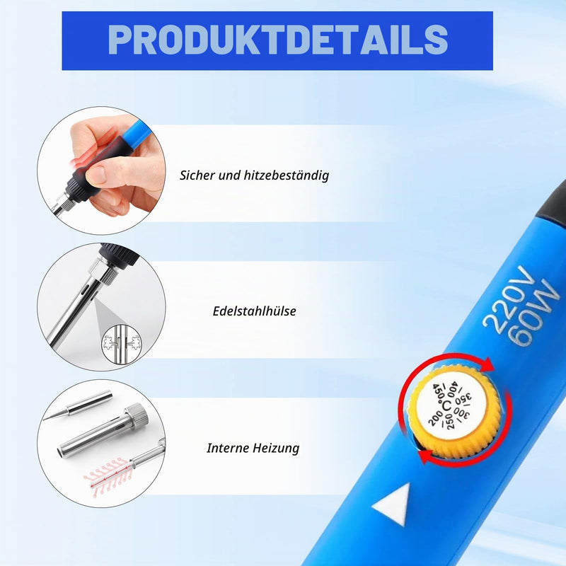 Soldering Iron Set 60 W, Soldering Station with LCD Display, Adjustable Temperature 180-500 °C, Quick Heating Soldering Device with On/Off Switch, 5 Soldering Tips, Solder, Stand for Electronics
