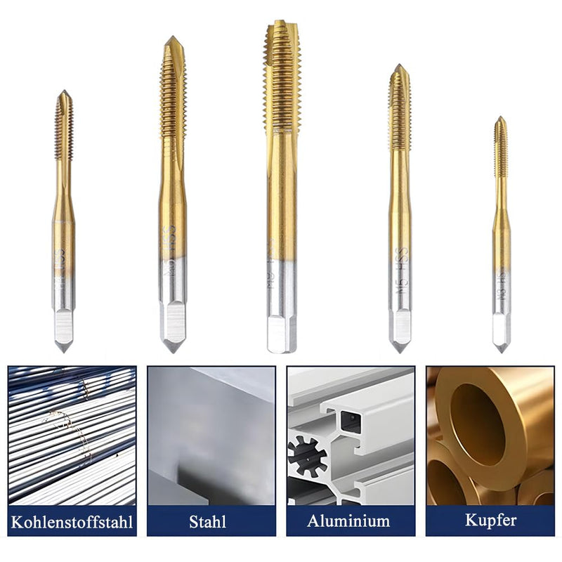 Treki 5 Piece Professional Tap Bit Set M3 M4 M5 M6 M8 HSS Titanium Tap Bit Set, Metric Thread Cutting Tap Finishing Tap Machine Tap Bit for Cutting Thread