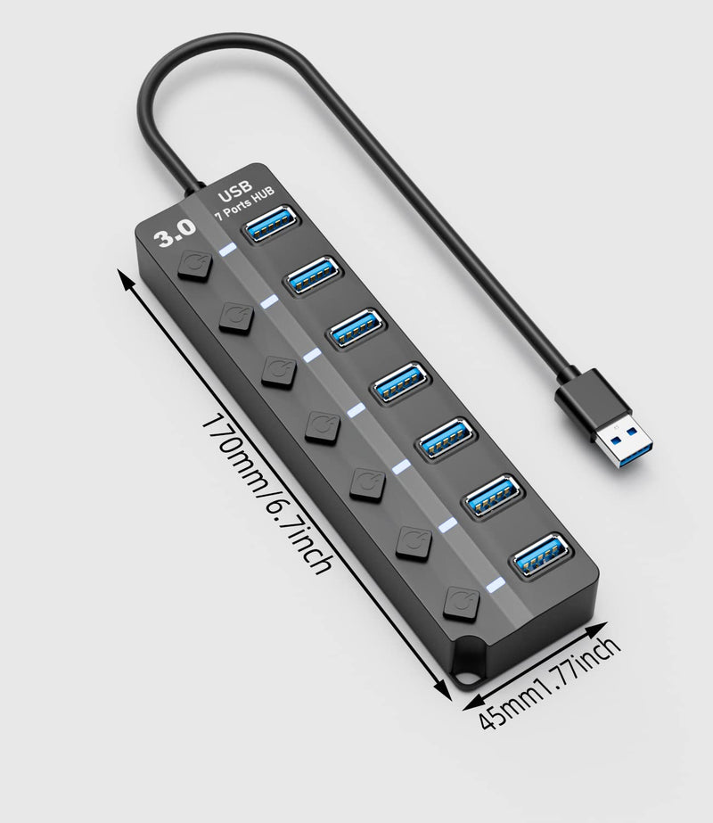 USB Hub 3.0, Eanetf 7 Port USB hub with LED Individual On/Off Switches and Extended Long Cable for MacBook, Mac Pro, Mac Mini, iMac, Surface Pro, XPS, PC