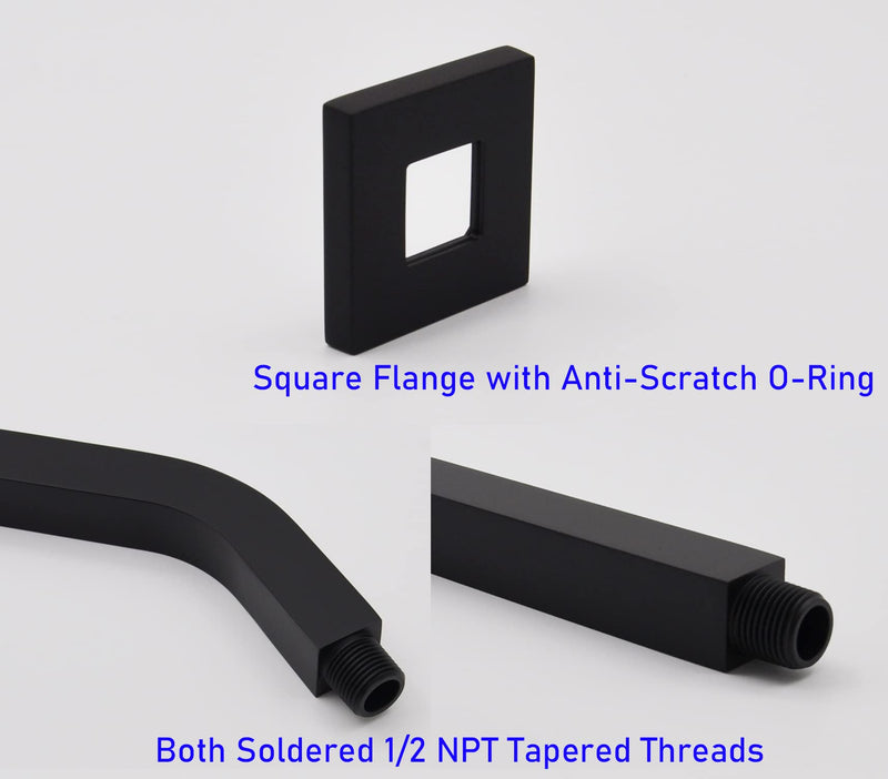 Square Shower Arm and Anti-Scratch O-Ring Flange, Solid Brass, 8 inch, Both Soldered 1/2-14 NPT Tapered Threads, Wall Mount Shower Head Extension Arm (Matte Black) Matte Black