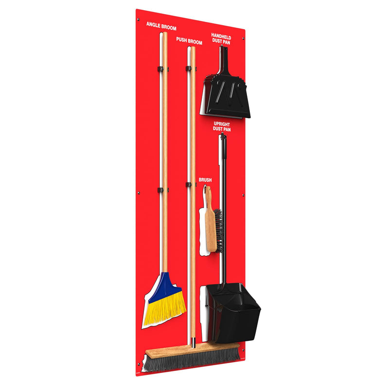 Clean & Sweep 5S Shadow Board/Wall Mount Broom Holder, 68" x 30" Board, 5S Cleaning Station - with Broom and Dustpan Set Included, Made in The USA by AccuformNMC, Red/White, PSB616RDWT