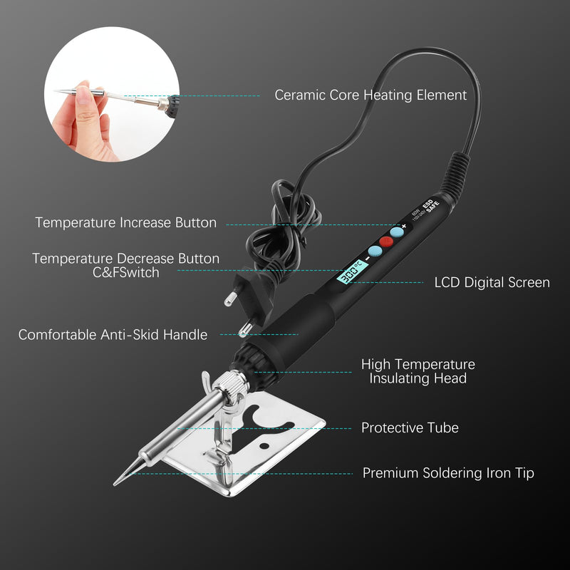 Electric soldering iron set, 60W LCD adjustable temperature soldering iron with on/off switch, 50g soldering wire, 5 soldering tips, soldering iron stand, soldering set for electrical work, welding repair