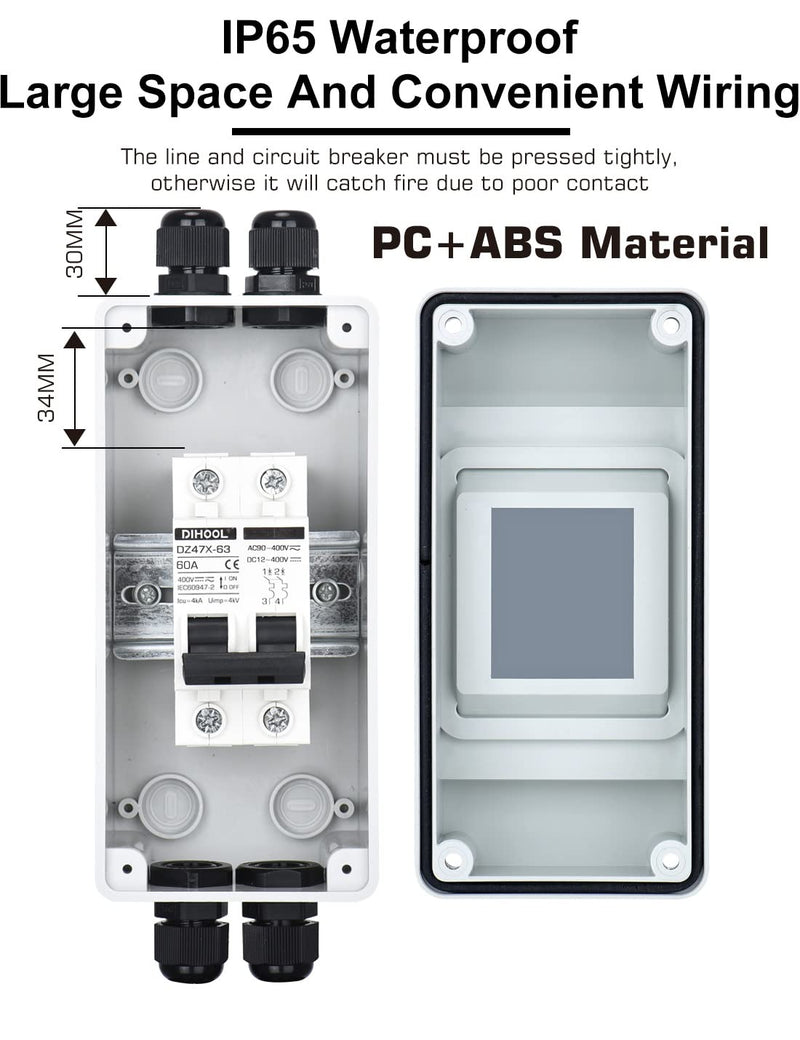 DC 12V circuit breaker PV solar system circuit breaker circuit breaker DC 60A 2-pole (DC12V-DC400V or AC110-400V) with IP65 waterproof housing 60-amp UV-resistant