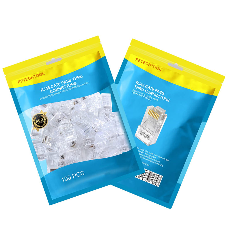 PETECHTOOL RJ45 Cat6 Cat5 Connectors Ends Gold Plated 8P8C Ethernet Pass Through Plug (100Pack) 100pieces