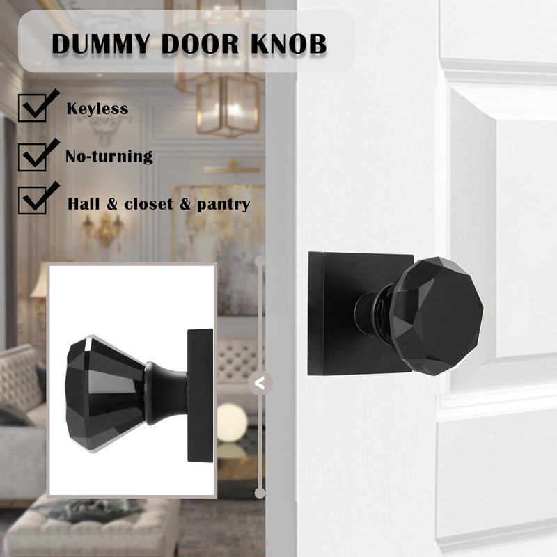 Glass Crystal Dummy Door Knob Interior, Clear Matte Black Diamond Closet Hall Dummy Door Knob Non-Turning Inactive 2 Pack Dummy-2Pack Matte Black Finish and Black Glass