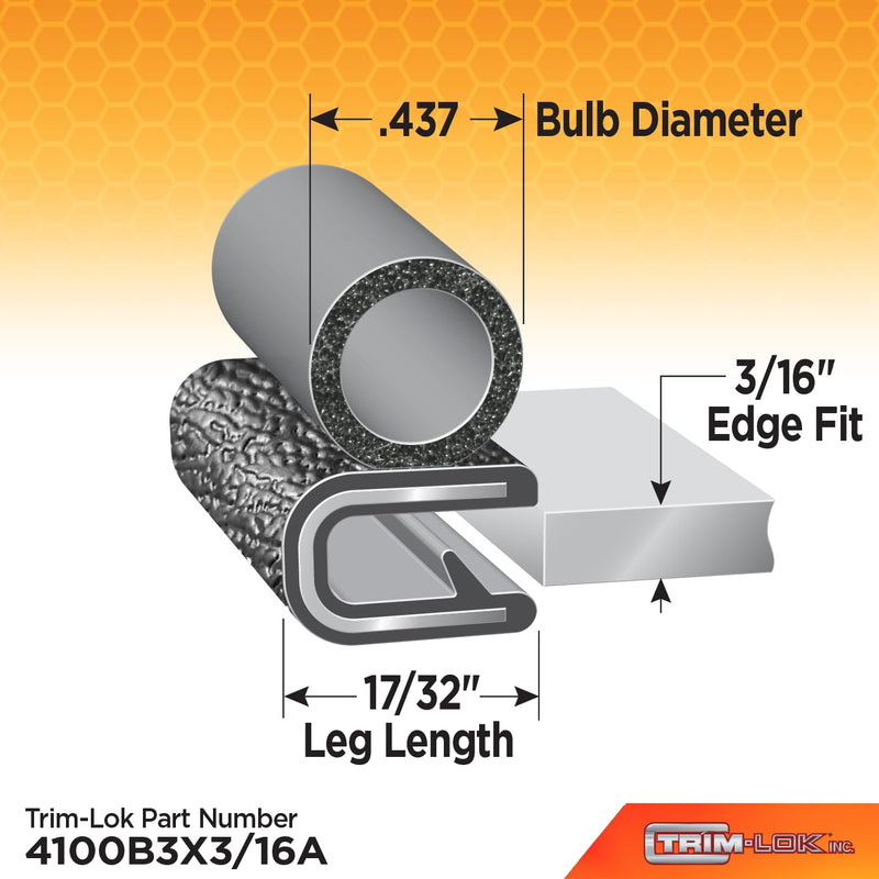 TRIM-LOK Trim Seal, Edge Trim with Side Bulb, Fits 0.437-Inch Bulb, 3/16-Inch Edge, 17/32-Inch Leg, 25-Foot Length, Black Pebble Finish, Flexible PVC Plastic Trim with EPDM Rubber Weather Stripping 0.437" Bulb, 3/16" Edge, 17/32" Leg, 25 Feet