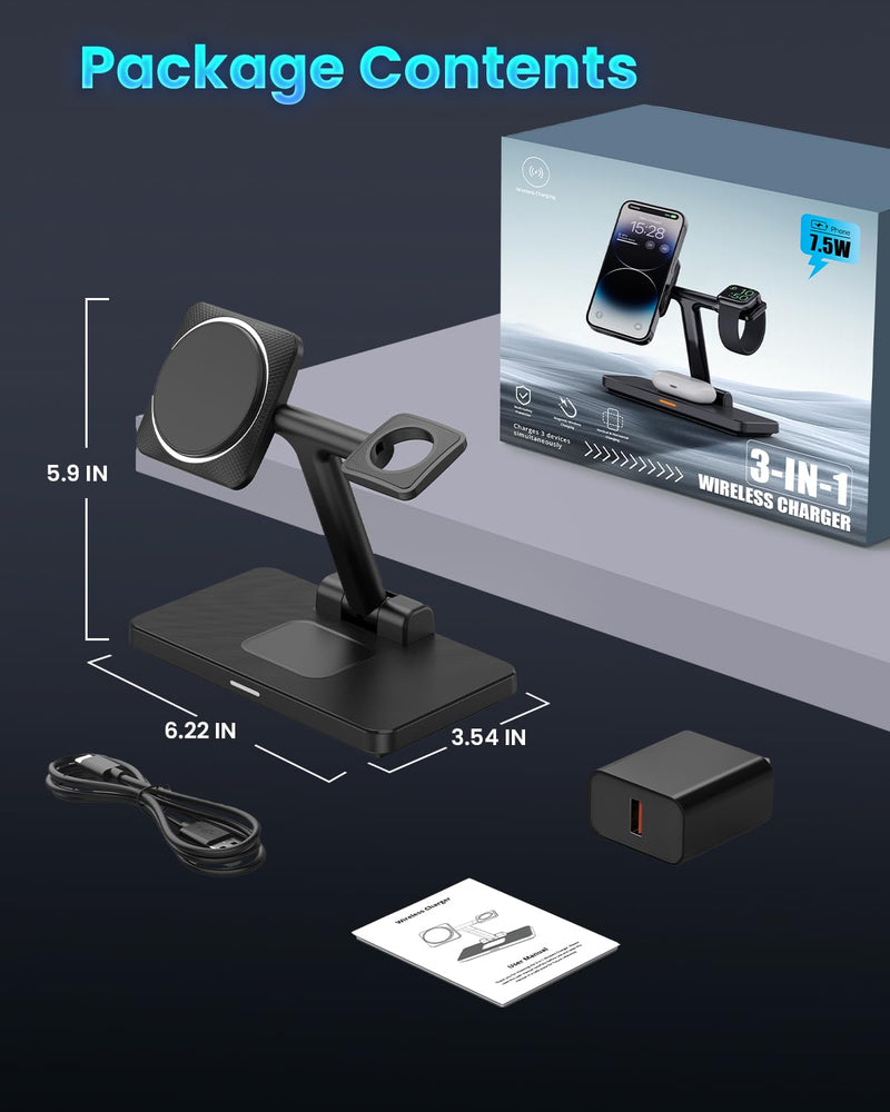 Wireless Charging Station for iPhone Mag-Safe: JoyGeek 3-in-1 Foldable Charger Phone Stand Charge for iPhone 16/15/14/13/12 Pro/Max/Plus - for AirPods - for Apple Watch 2-10/Ultra Carbon Black