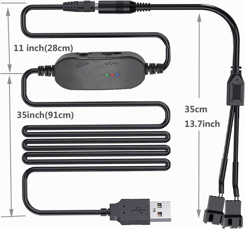 12 V PC Fan Speed Controller, USB DC 5 V Step Up to 12 V 2-Pin Fan Speed Controller Governor with 1 to 2 PC Fan Power Adapter Cable 12 V 1 to 2