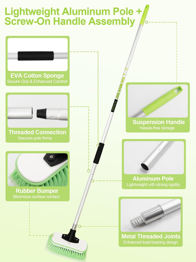 Boat Brush Telescoping Handle 4 Section Marine Scrub Extendable 20" to 62" Metal Connector Deck Auto Window Wall Floor Cleaning Heavy Duty 9.5" x 4.7"x3.5" Head