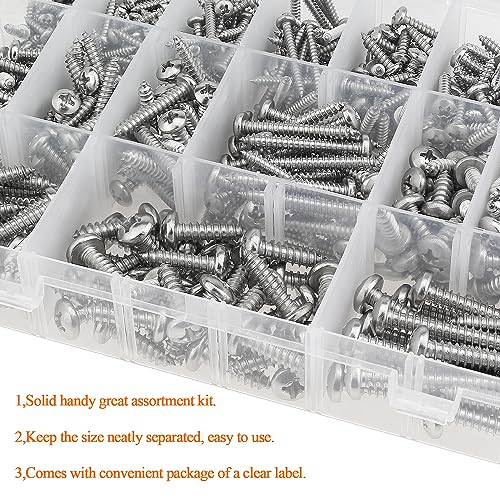 540 Pieces #4#6#8#10#12 Wood Screws Set, HELIFOUNER 18 Sizes Phillips Pan Head Self-Tapping Screws Assortment Kit, Phillips Pan Head Wood Screws, 304 Stainless Steel