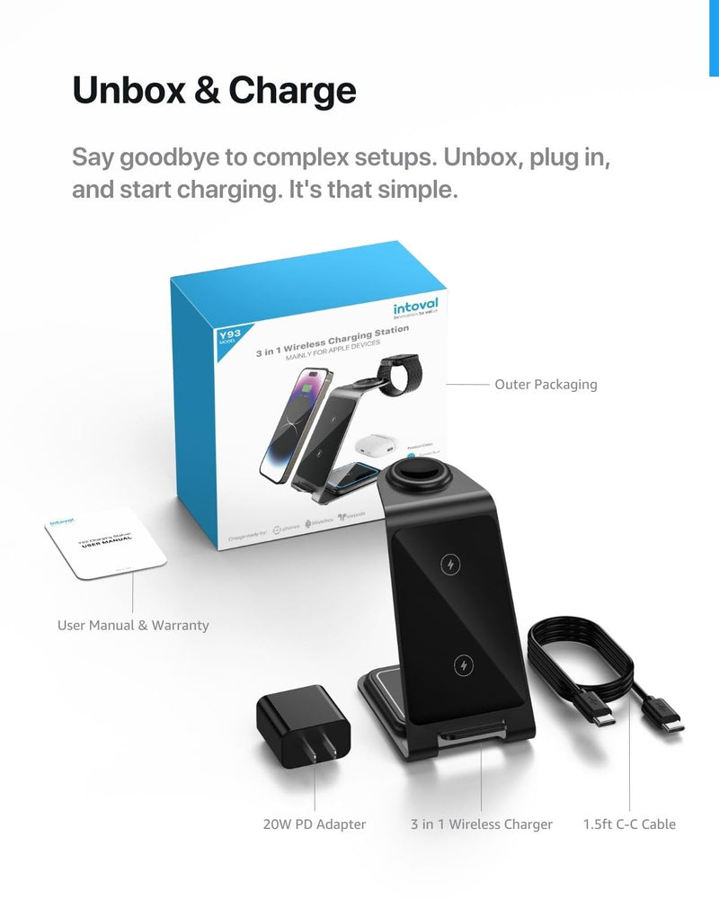 Intoval 3-in-1 Wireless Charging Station for iPhone 15 Pro/15/15 Pro Max/14 Pro/14/14 Pro Max, Apple Watch 9/Ultra 2/SE/8/7/6/5/4/3/2, AirPods Pro/Pro 2/3 (Y93, Grey)