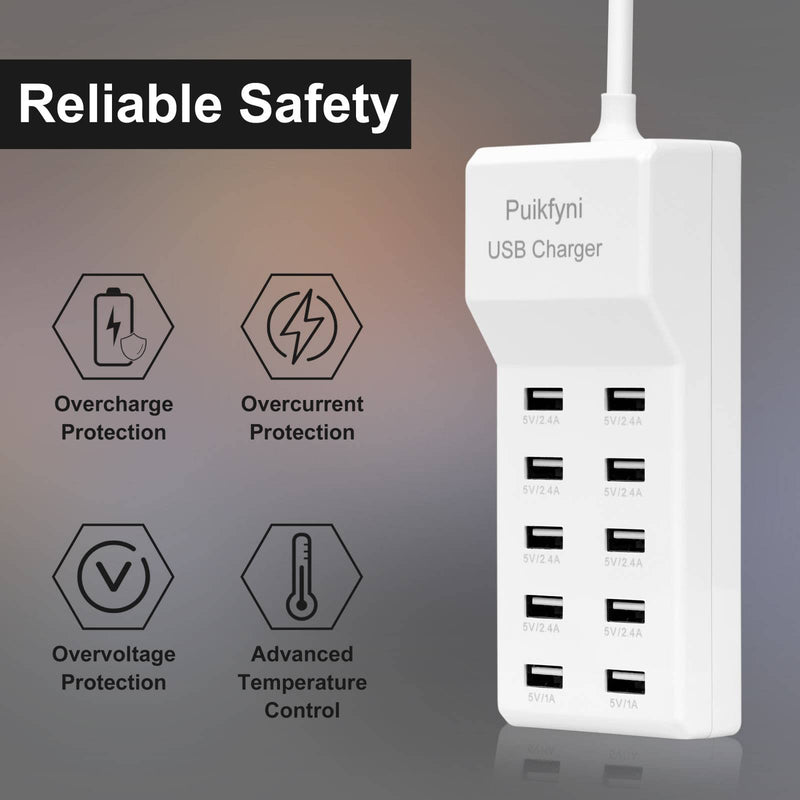 10-Port USB Charger [UL Certified] Family-Sized Desktop USB Rapid Charger，Smart USB Charger for Multiple Devices Smart Phone Tablet Laptop Computer white