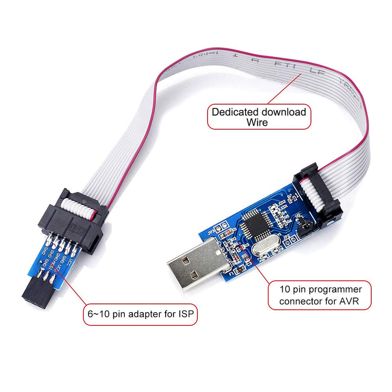 KeeYees Pack of 2 downloader programmers for USBASP for ISP with cable and 10-pin to 6-pin adapter board for 51 for AVR series microcontrollers