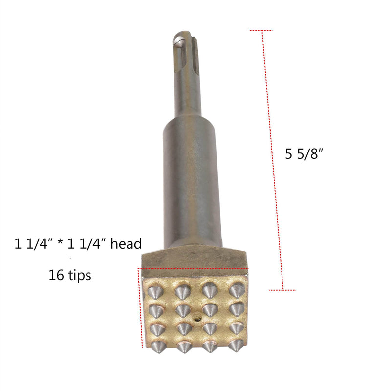 5 5/8 in. x 1 1/4 in. 16 Tips Concrete Repair Patch Prepare SDS Plus Chisel, 1 1/4 Inch Square Head SDS Plus Bush Hammer Drill Bit for Rotary Hammer (Pack of 2)
