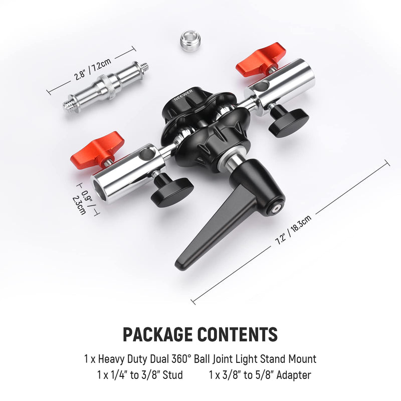 Neewer Heavy Duty Light Stand Head Adapter with All Metal Dual Swivel Ball Joint, Dual 5/8'' Receivers, 1/4'' to 3/8'' Convertor Spigot Stud, 3/8'' to 5/8'' Screw, for C Stand, Max Load 14lb, UA020