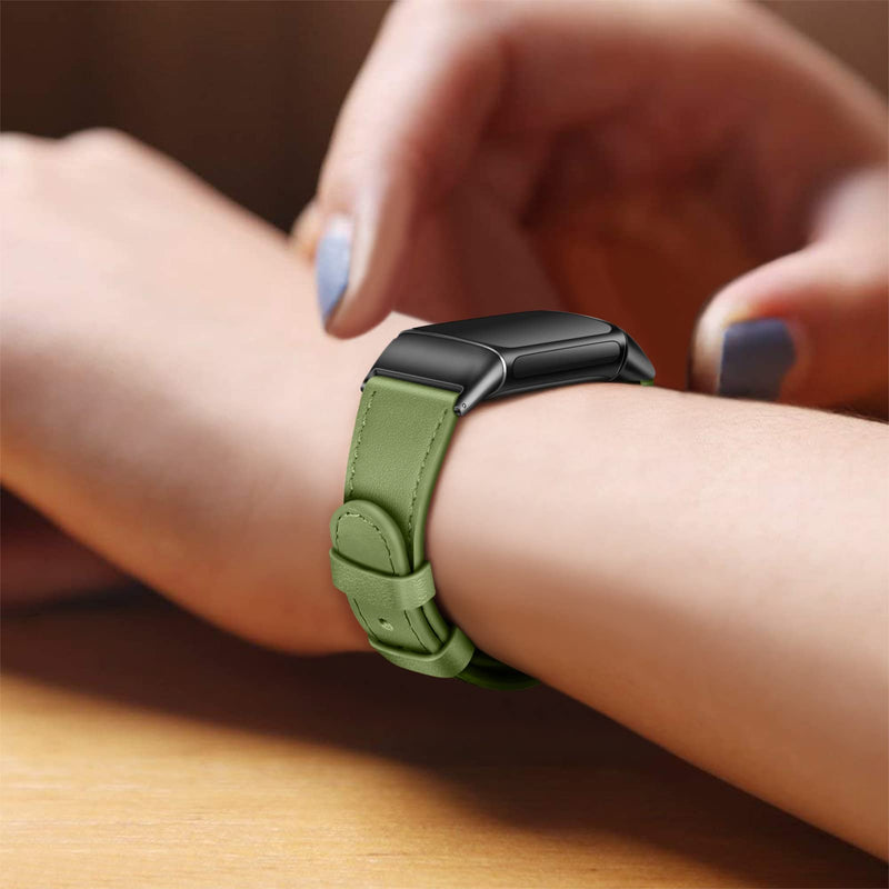 Fintie Bands Compatible with Fitbit Charge 6/5, Genuine Leather Band Replacement Accessories Strap Wristband Green
