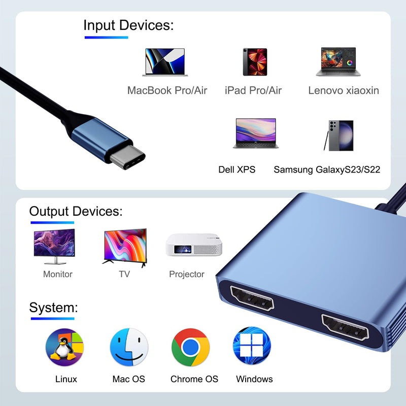 HDMI Splitter Extended Display, USB C to Dual HDMI Adapter 4K@30Hz, Dual Monitor Adapter for Extended Display with 2 HD MI/USB3.0/100W PD Fast Charging, Compatible with HP/Dell/MacBook/Lenovo