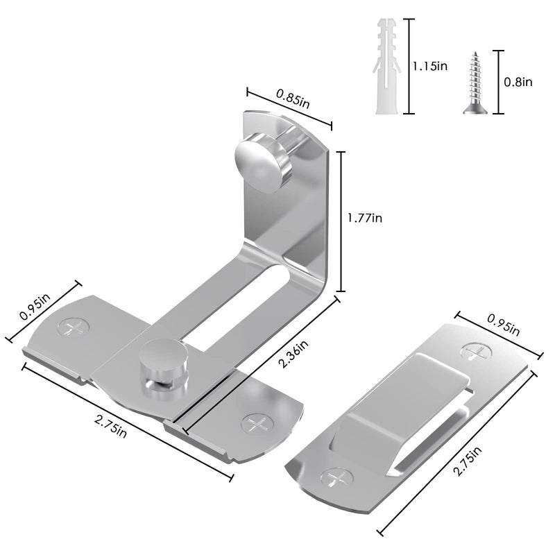 90 Degree Stainless Steel Latch, Protect Privacy - Security Barn Door Lock, Hook Lock Latch for Barn, Garden, Bathroom, Outdoor, Garage, Window, Sliding Door(2 Silver) 2 silver