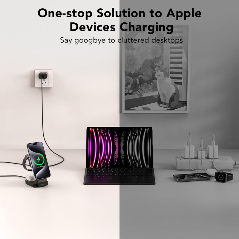 3 in 1 Wireless Charging Station Compatible with Apple Devices,Foldable Magnetic Wireless Charger for iPhone 15/14/13/12,Apple Watch Ultra 2/Ultra/Seires 9/8/7/6/5/4/SE/SE 2,Air-Pods 3/Pro/2(Black) Black