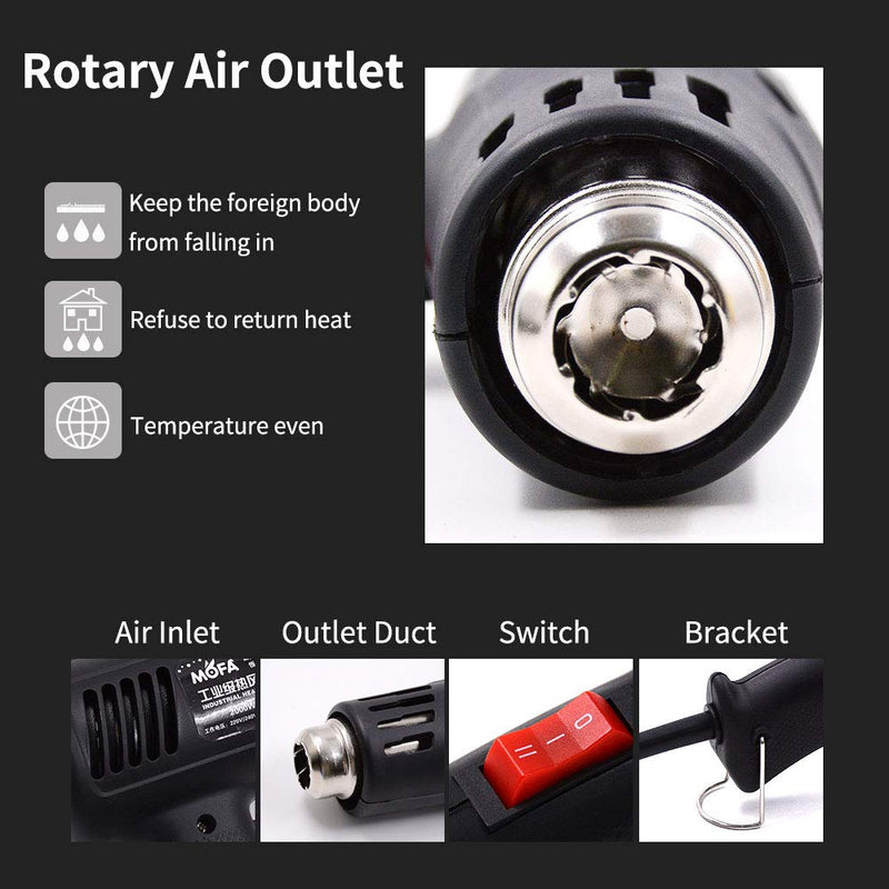Hot air guns, mofa heat guns 2000W with 2 temperature settings 150°C to 550°C (302°F ~ 1022°F), 4.6ft long cable with 2 nozzles as overload protection for the process (MJ12) Mj12