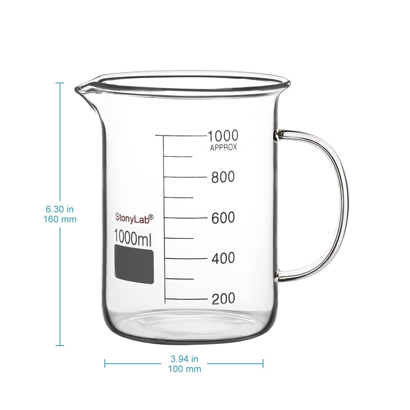 stonylab Glass Beaker with Handle, Borosilicate Glass Graduated Low Form Griffin Beaker with Handle and Pouring Spout, 1000 ml (Pack of 2) 1000 ml (Pack of 2)