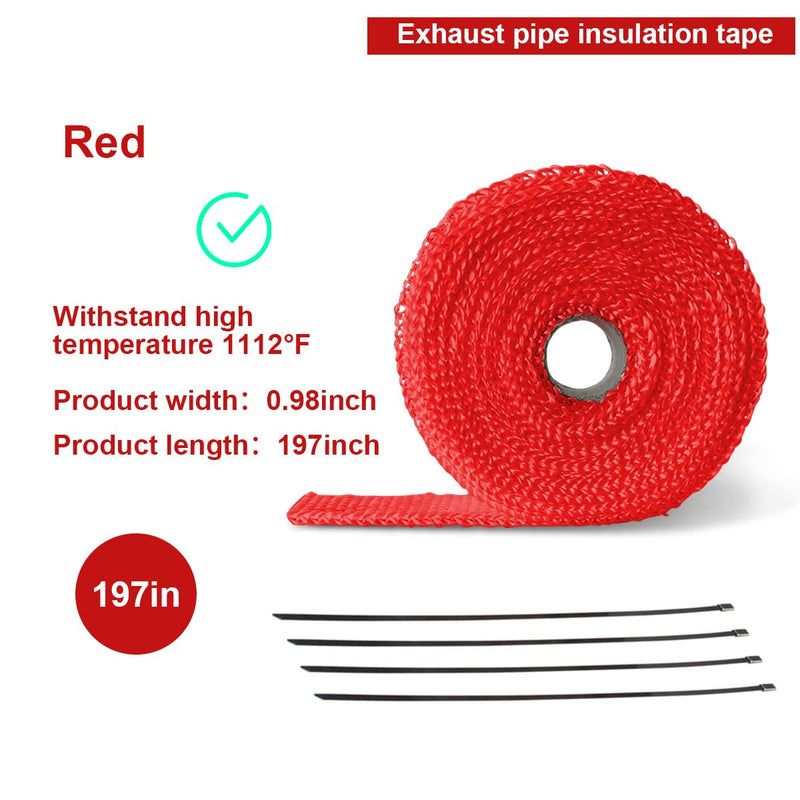 Auto Exhaust Wrap for Motorcycle, 16FT Titanium Fiberglass Hose Heat Shield Roll Sleeve with 4PCS Stainless Ties, Universal for Car Wire Loom Brake Line Cable Protection (Red) Red