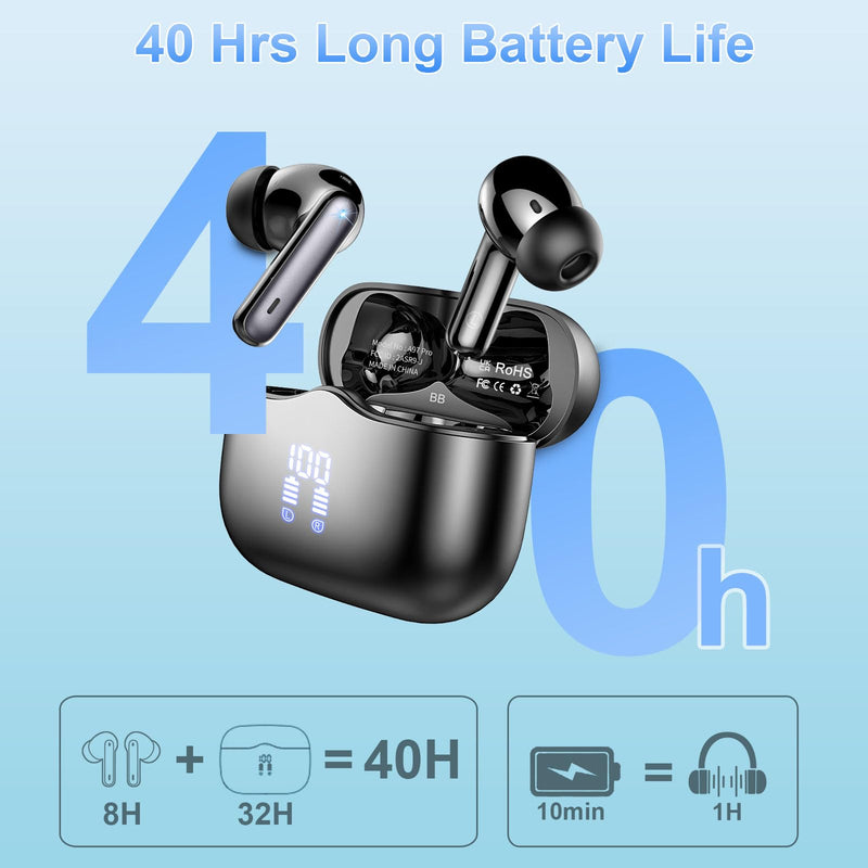 Wireless Earbuds, Bluetooth 5.3 Headphones in Ear with 4 ENC Noise Cancelling Mic, HiFi Stereo Deep Bass Wireless Earphones 40H Playtime, in-Ear Earbud Bluetooth Dual LED Display IP7 Waterproof, USB-C Black