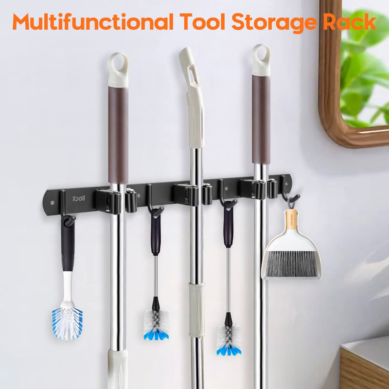 Broom holder wall, IBELL device holder wall mount stainless steel with 3 holders and 4 hooks, garden tool holder, broom holder, mop holder, self-adhesive tool holder, wall hook without drilling for garden, garage, 1 piece, 3 holders, 4 hooks (43 cm)