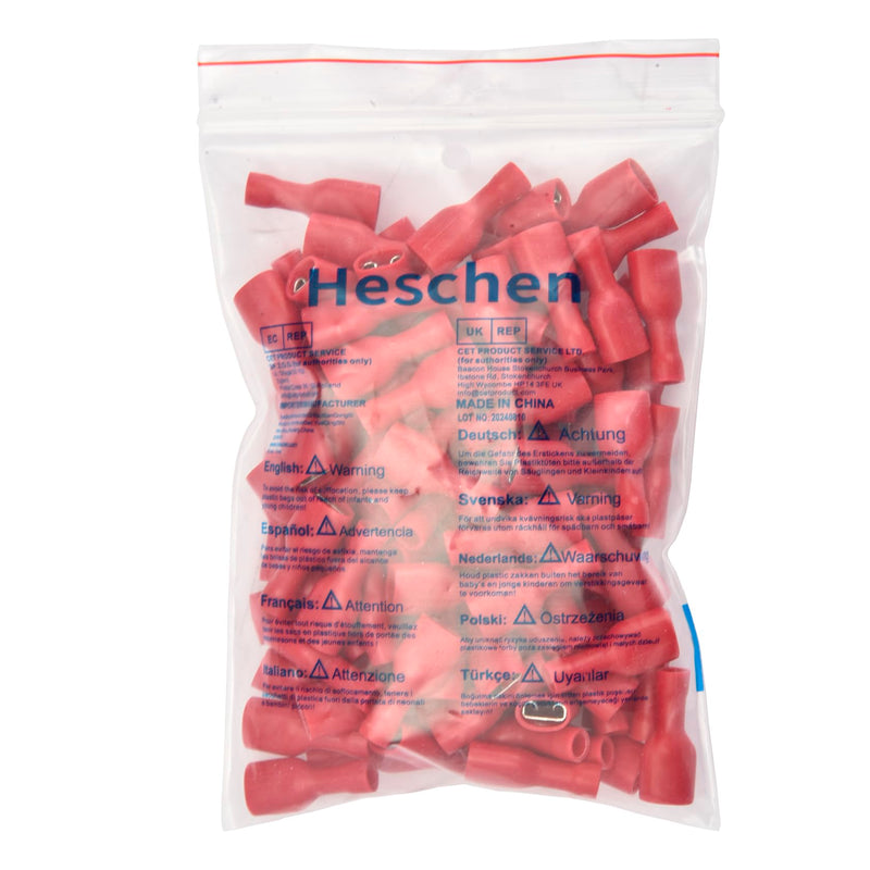 Heschen FDFD1.25-250 1/4" x 0.8mm Terminal Red Vinyl Fully Insulated Quick Coupler Socket for 0.5-1.5mm² (22-16AWG) (Pack of 100)