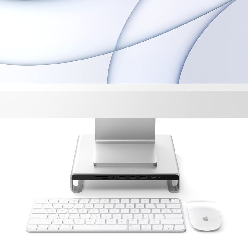 Satechi Type-C Aluminum Monitor Stand Hub with USB-C Data, USB 3.0, Micro/SD Card Slots & 3.5mm Headphone Jack - for Apple Studio Display, iMac M1, iMac, iMac Pro (Silver) Silver