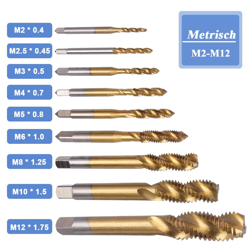 Mesee 9 pieces spiral tap, HSS titanium coated tap, spiral groove drill machine tap set, metric thread steel tap set tools - M2 M2.5 M3 M4 M5 M6 M8 M10 M12