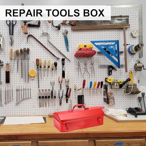 HARFINGTON Portable Tool Box, 17" x 8" x 4" Trunk Tool Storage Box Steel Organizer Mountain Toolbox Double Metal Latch with Handle for Garage Warehouse Workshop Household, Red 17" x 8" x 4"