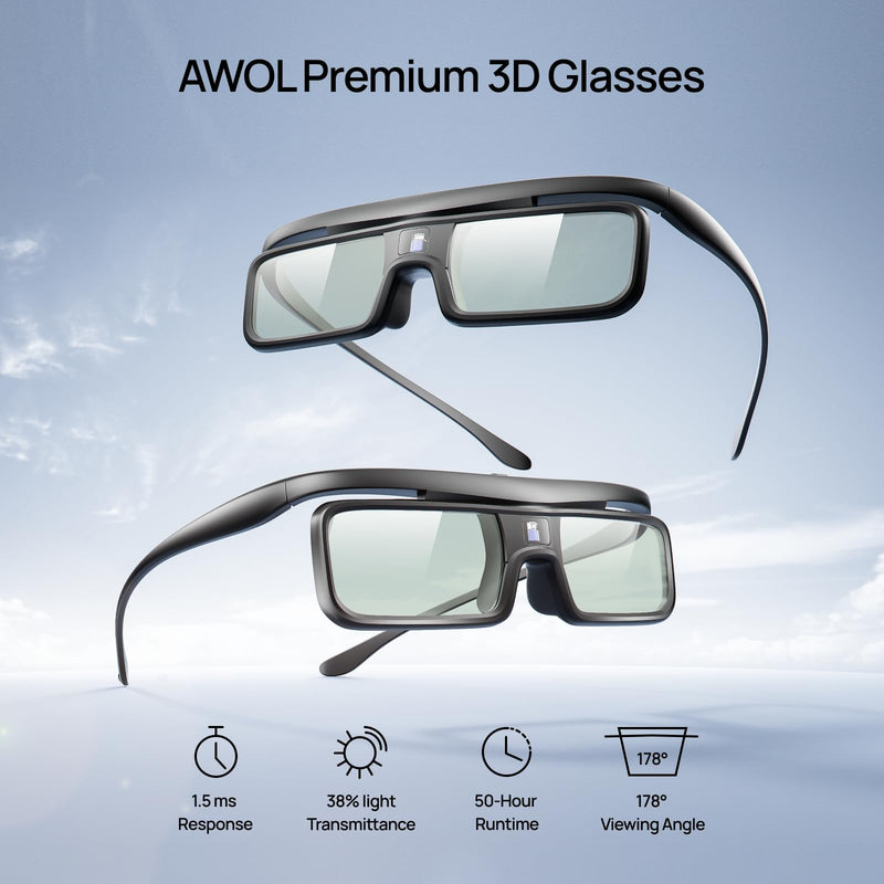 AWOL VISION DLP Link 3D Glasses, Rechargeable Active Shutter Eyewear Compatible with AWOL VISION LTV-3000 Pro and LTV-3500 Pro, Vanish TV & Other DLP-Link 3D projectors (2 Packs) 2 Packs
