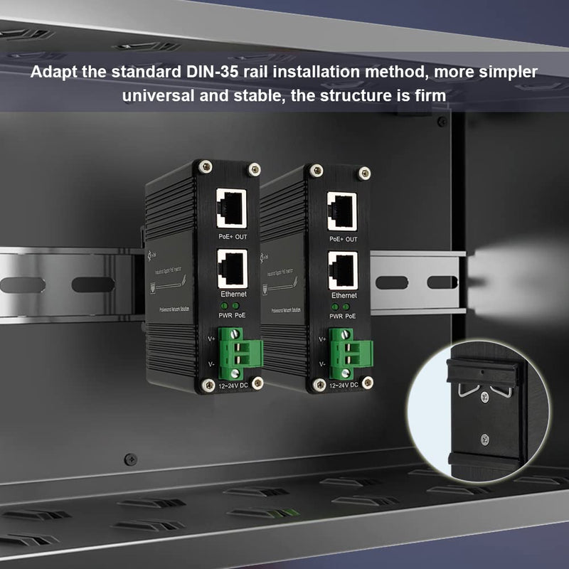 Industrial Gigabit Passive 24V PoE Injector Hardened PoE Adapter with 12-24V DC Input 24V PoE Output DIN- Rail /Wall Mount Industrial Passive 24V PoE Injector