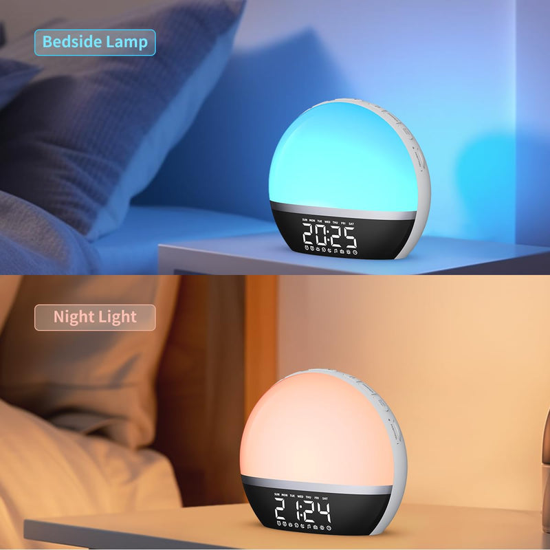 FM Radio Sunrise Alarm Clock Sound Machine Wake-Up Light Sunrise Sunset Simulation Adjustable Volume Brightness Sleep Aid 13 Colors 23 Sounds 28 Tunes Snooze Dual Alarm 4 Timers