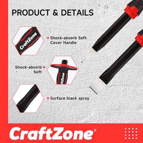 Masonry Chisel Set - 2-Piece Heavy Duty Pointed & Flat Rock Chisels, Concrete Stone Chisel with Hand Protection for Brick Breaking Carving Splitting Cutting Mason Tools 2pc