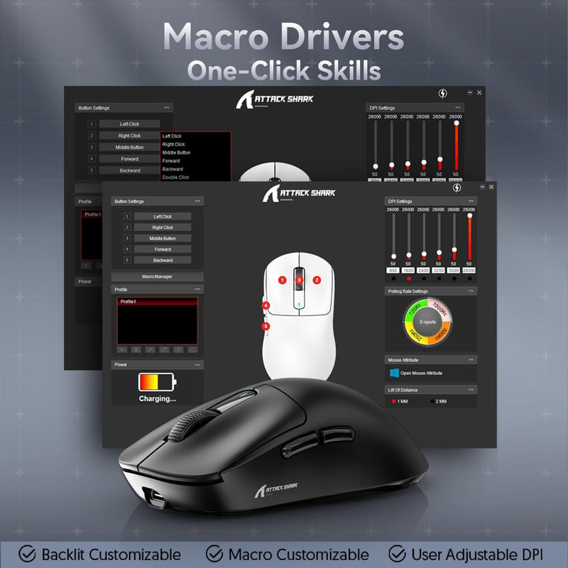 x Attack Shark X3 Wireless Gaming Mouse, 49g Ultralight, PixArt PAW3395 26000 DPI, Bluetooth/2.4Ghz /Wired Tri-Mode, 200Hrs Rechargeable Battery, Kailh GM8.0 Switch for PC/MAC/Win - Black