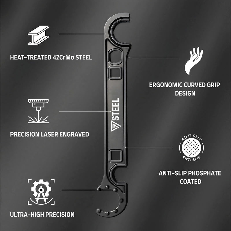 Armorers Wrench, Heat-Treated 42CrMo Steel Heavy-Duty Multi-Function Tool, Precision Spanner Wrench for Assembly & Maintenance, Rust-Resistant Manganese Phosphate Coating, Ergonomic Grip